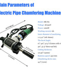 Heavy Duty Electric Pipe Beveling Machine Auto Centering Tube Chamfering Tool detailed view with specs and dimensions for inner diameters 1.1-3.0 inch.
