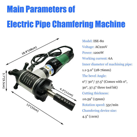 Heavy Duty Electric Pipe Beveling Machine Auto Centering Tube Chamfering Tool detailed view with specs and dimensions for inner diameters 1.1-3.0 inch.