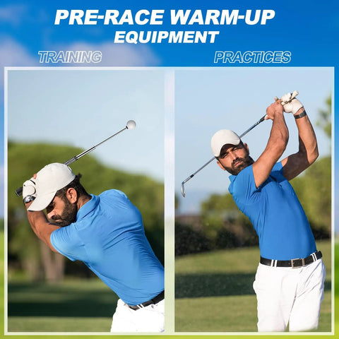 Golf player in blue shirt using 5 In 1 Retractable Golf Swing Trainer For Right Or Left Handed Players With Arm Band Included, outdoors.
