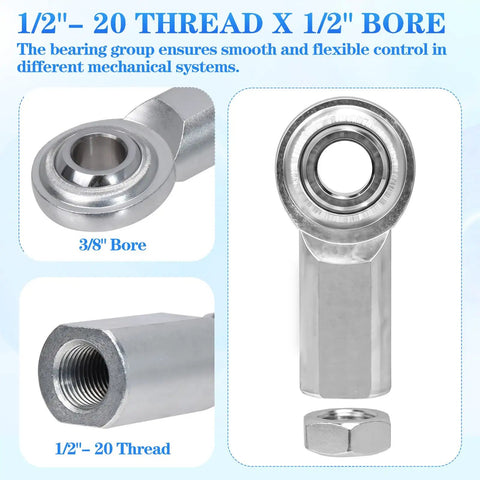 4 Pack Half Inch Rod End Bearings Heim Joints With Right Hand Female Thread And Half Inch Bore Lock Nut Bushing Assembly Self Aligning Design Built To Last Heavy Duty Low Noise Corrosion And Wear Resistant, 1/2-20 thread and 3/8 bore