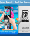 IPX8 Waterproof Phone Pouch Two Pack for iPhone showing large capacity, layered design, and splash-resistant durability.