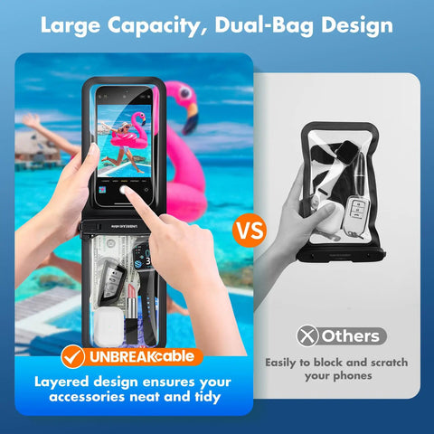 IPX8 Waterproof Phone Pouch Two Pack for iPhone showing large capacity, layered design, and splash-resistant durability.