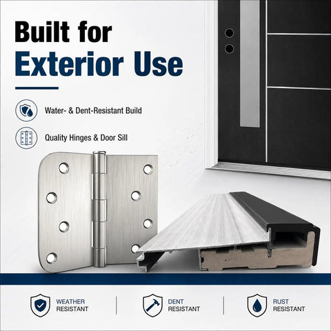 Premium Fiberglass Entry Door With Quick Install Vinyl Frame And True Right Hand Inswing Design showcasing durable hinges and door sill.