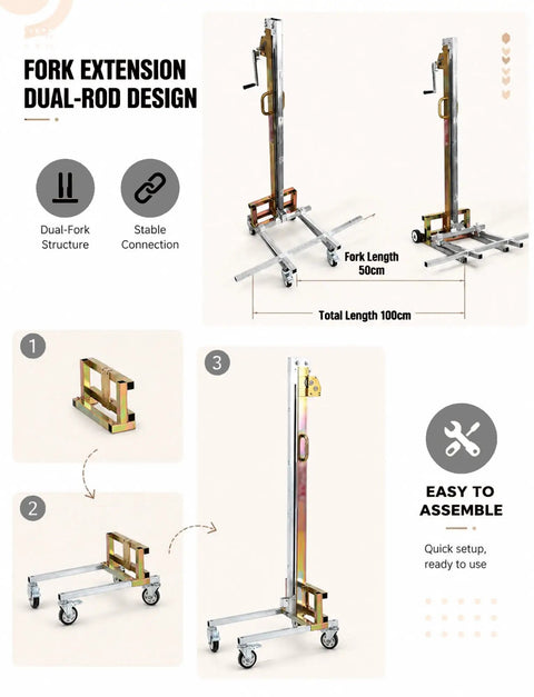 Heavy Duty Portable Manual Lifting Stacker With Effortless Winch For Moving 80kg Loads In The Shop Or Job Site No Power Needed Easy One Man Operation fork extension dual-rod design assembly steps