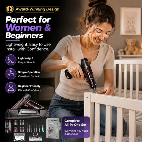 Futuristic Cordless Drill Kit And High Torque Rechargeable Power Tool Set That Delivers Top Shelf Performance As An Awesome Gift For Men Husband Or Dad Building A Badass Workshop used by a woman assembling furniture.