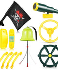 Nautical Themed Backyard Playground Accessories Set With Ship Wheels Telescope Telephone Bell Pirate Flag With Base Safety Handle Bars And Mounting Hardware For Outdoor Playhouse Or Swing Set.