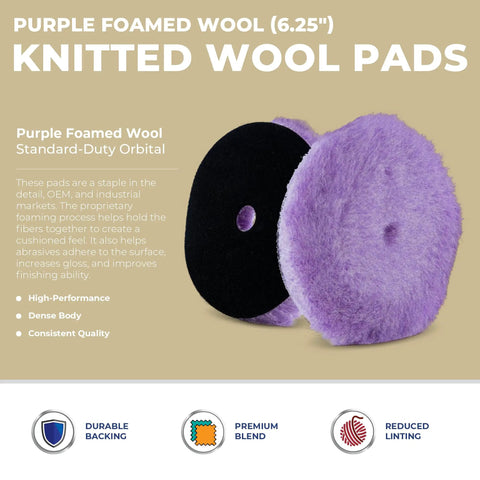 Purple Foamed Wool 6.25 Inch Wool and Foam Pad for Easy One Step Polishing on display, showing front and back texture