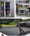 Garage workbench and storage with 1 Inch By 1 Inch T Slot Aluminum Extrusion 10 Series 6063 T6, and outdoor truck rack setup.