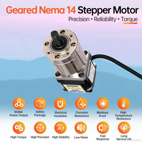 Front view of geared NEMA 14 stepper motor with planetary gearbox; silver housing, black end cap, 1 m cable.