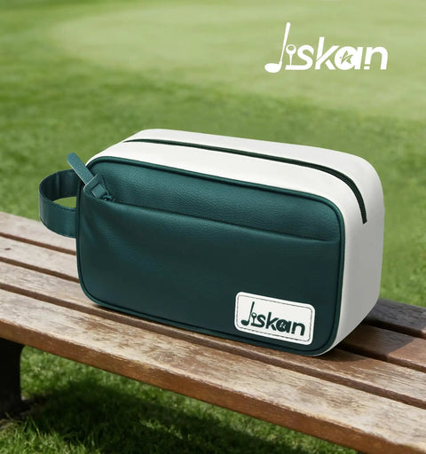 Green and white Compact Golf Pouch Bag For Men And Women on a bench, Handy Valuables Organizer for cart or bag.