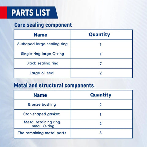 Parts list from DIY Hydraulic Booster Seal Repair Kit 2771004 For GM Brake System with sealing and metal components details.