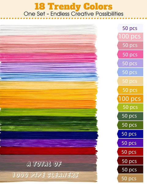 1000-Piece Pipe Cleaner Flower Kit With 18 Color Chenille Stems stacked in vibrant colors
