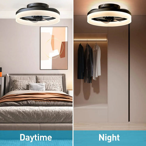 Black Bladeless Ceiling Fan With Light, Low Profile Flush Mount Indoor Fixture shown in bedroom during daytime and night