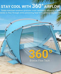 Pop Up Beach Tent With Extended Canopy For 4-6 People CumbreX Sun Shelter on beach with windows for airflow