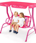 Two Seat Kids Porch Swing With Adjustable Canopy And Safety Belts Outdoor Lounge Chair On Metal Stand Two Seater Hanging Swing Bench For Backyard Patio Lawn Garden Mermaid Pink Fun