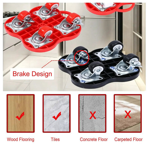 Brick Solid Heavy Duty Machinery Mover Dolly Featuring Silent Rubber Omnidirectional Casters And Quick Lock Brakes close-up of casters and brake design.