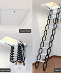 Heavy Duty Remote Attic Ladder For Seamless Ceiling Access With Electric Pull Down System And Foldable Retractable Steps To Slash Household Clutter And Save Major Floor Space In Eighty By One Hundred Twenty Centimeter Profile showing closed, half-open, and open states.