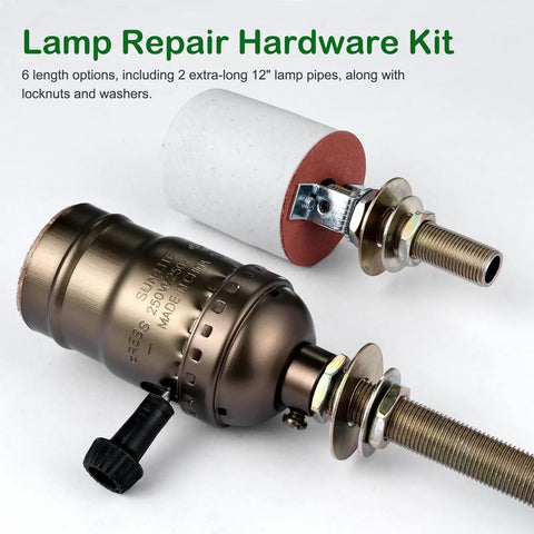 All Thread Lamp Pipe Hardware Set For DIY Lamp Repair with yellow zinc coat, showcasing lamp socket and threaded pipe details.