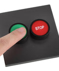 Industrial 2 Button Control Station With Emergency Stop And Start Push Buttons For Workshop Motor And Fan Control, Plastic Surface Mount Switch Panel For Reliable Shutdown And Easy Maintenance. Black plastic surface-mount panel with green start and red stop buttons.