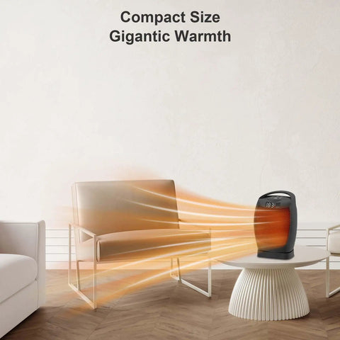 Indoor Portable Space Heater 1500W With PTC Ceramic Heating Thermostat warming a room from a coffee table