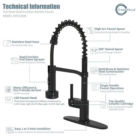 Technical diagram of Black Kitchen Faucet With Soap Dispenser And LED Temperature Indicator Pull Down Sprayer Single Handle
