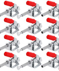 12 Pack 302F Toggle Clamps 300 Pound Heavy Duty Push Pull Hold Down For Woodworking With 180 Degree Swivel Handle in silver and red.