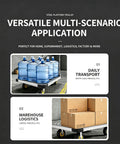 Heavy Duty Flatbed Push Cart Dolly Hand Truck With 936 Lb Load Capacity And Large 35.4x23.6 Inch Platform, 6 Inch Brake Wheels For Safe Easy Hauling Of Water Jugs, Boxes, Tools And Warehouse Gear. Steel platform trolley loaded with water jugs and boxes for logistics.