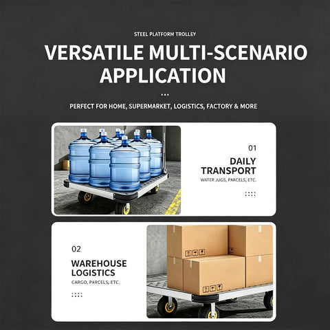 Heavy Duty Flatbed Push Cart Dolly Hand Truck With 936 Lb Load Capacity And Large 35.4x23.6 Inch Platform, 6 Inch Brake Wheels For Safe Easy Hauling Of Water Jugs, Boxes, Tools And Warehouse Gear. Steel platform trolley loaded with water jugs and boxes for logistics.