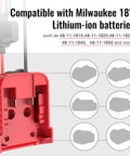 Two Pack Milwaukee 18V Battery Compatible Power Wheel Adapter Kit showing red adapter and battery compatibility list