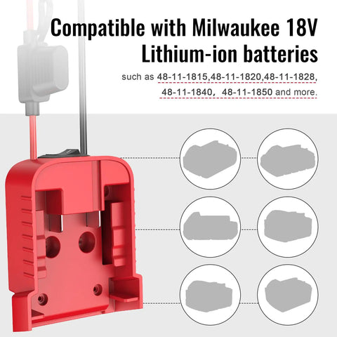 Two Pack Milwaukee 18V Battery Compatible Power Wheel Adapter Kit showing red adapter and battery compatibility list
