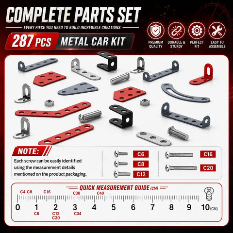 Components of Metal Model Racing Car Kit With 287 Pieces For Kids 8 Plus STEM Building Toy Real Screws Nuts Bolts And Tools