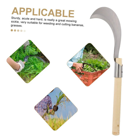 Durable Manganese Steel Weeding Sickle With Long Wooden Handle For Garden Cleanup And Yard Work Manual Weed Removal Tool Multipurpose Gardening Knife For Grass Vines And Bushes