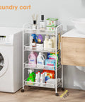 Four Tier Rolling Metal Cart With Three Hooks, Easy Assembly Mobile Storage Trolley On Wheels in laundry room