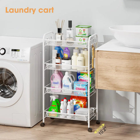 Four Tier Rolling Metal Cart With Three Hooks, Easy Assembly Mobile Storage Trolley On Wheels in laundry room