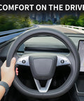 Premium Nappa Leather Steering Wheel Cover For Tesla Model 3 And Y 2016 Through 2026 non slip breathable black protector with grip.