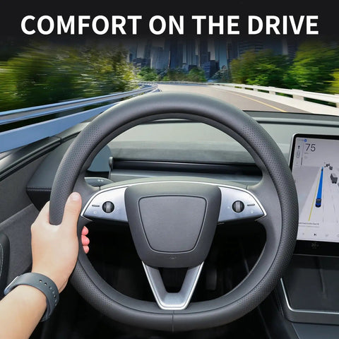 Premium Nappa Leather Steering Wheel Cover For Tesla Model 3 And Y 2016 Through 2026 non slip breathable black protector with grip.