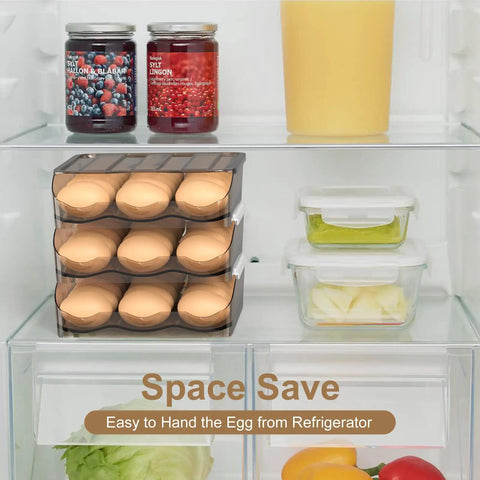 36 Count Large Capacity Egg Holder For Refrigerator With Automatic Rolling Tray And Lid in fridge, next to containers and jars