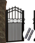 View of iron gates with Heavy Duty Beefy Weldable Barrel Hinges Set Of 6 For Metal Doors And Gates 2.37 Inch Long 0.43 Inch Wide
