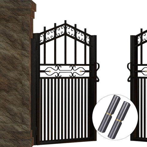 View of iron gates with Heavy Duty Beefy Weldable Barrel Hinges Set Of 6 For Metal Doors And Gates 2.37 Inch Long 0.43 Inch Wide