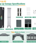 10x15 Heavy Duty Pop Up Canopy Tent With Sidewalls, Waterproof, No Fuss Setup, Mosquito Netting, Gray frame and accessories