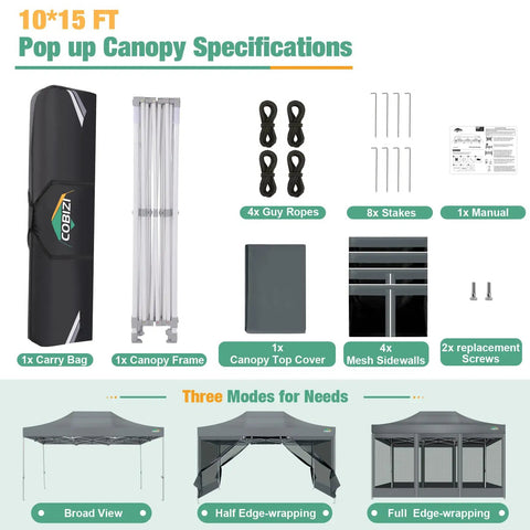 10x15 Heavy Duty Pop Up Canopy Tent With Sidewalls, Waterproof, No Fuss Setup, Mosquito Netting, Gray frame and accessories