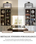 17 Inch Semi Flush Mount Ceiling Light Fixture With Three Light E26 Base Dope Modern Double Drum Design In Matte Black Iron Mesh Cage With Glass Diffuser in home office, light comparison "on and off".