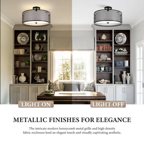 17 Inch Semi Flush Mount Ceiling Light Fixture With Three Light E26 Base Dope Modern Double Drum Design In Matte Black Iron Mesh Cage With Glass Diffuser in home office, light comparison "on and off".