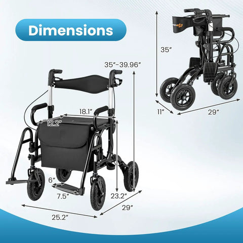 2 In 1 Folding Rollator Walker And Wheelchair Combo With Brakes For Seniors Aluminum Mobility Aid dimensions displayed