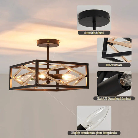 4 Light Semi Flush Mount Black And Gold Ceiling Light Vintage Metal Farmhouse Cage Chandelier Fixture For Kitchen Dining Room Living Room Bedroom And Entryway Modern Retro Style Lighting
