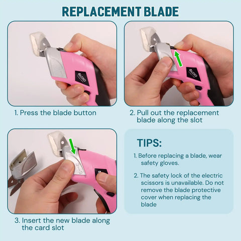 Replacement blade process for pink cordless electric scissors for cardboard and fabric with two blade types. Includes steps and tips.