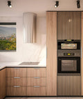 Modern kitchen with wooden cabinets and silver concealed handles, featuring 10 Pack Finger Pulls for Cabinets and Drawers 128mm Center Hole.