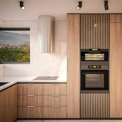 Modern kitchen with wooden cabinets and silver concealed handles, featuring 10 Pack Finger Pulls for Cabinets and Drawers 128mm Center Hole.