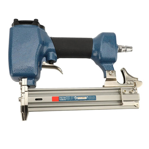 Heavy Duty Cast Aluminum Air Brad Nailer, close-up view showing easy grip design and nail loading mechanism for woodworking.