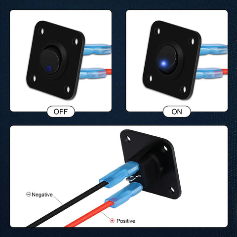 Blue Round LED Toggle Switch Panel 12V 20A SPST On Off Marine Grade Control For Boats RVs Campers Trailers Buses Yachts And Other Mobile Vehicles For Marine Electrical Systems And Recreational Vehicle Setups Dockside Ready black round switch panel with wiring, ON and OFF